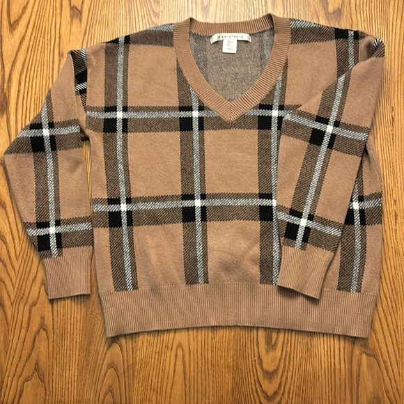 Max Studio V-Neck Sweater. Brown and Black “Burberry” style plaid - Picture 3 of 6